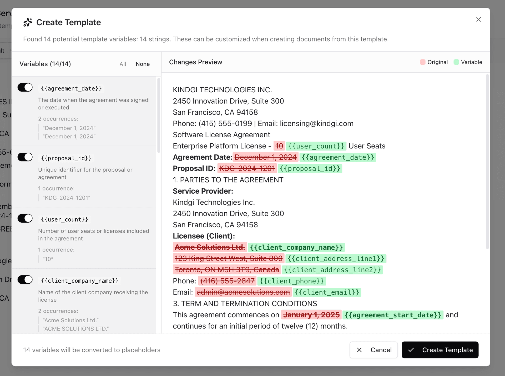 AI intelligently detecting and organizing template variables